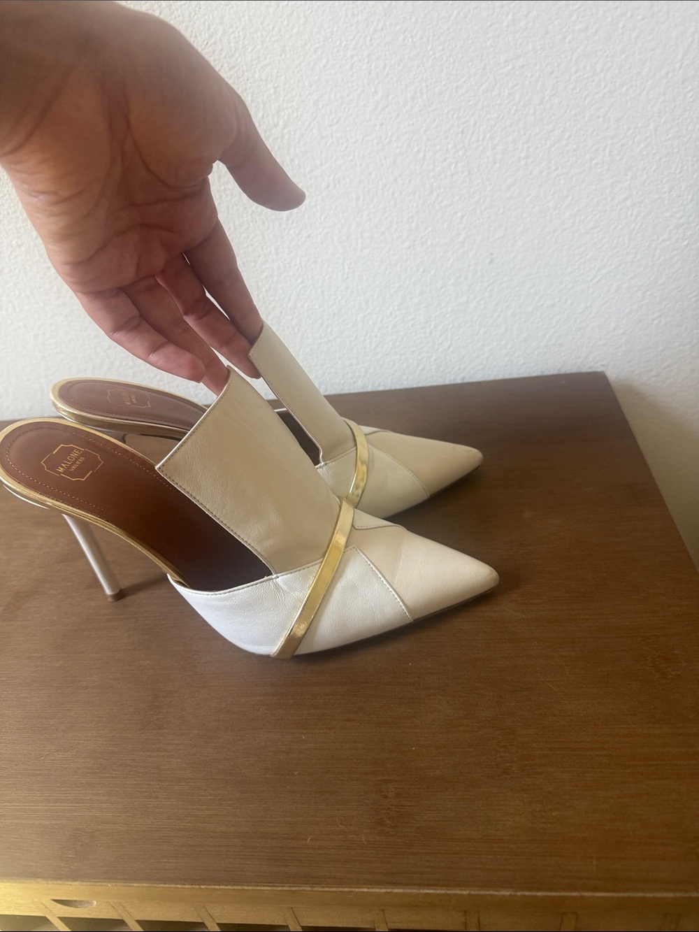 Malone Souliers Cream Pointed-Toe Slingback Mules with Gold Strap